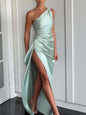 Women's One-Shoulder Satin Dress with Slit - Evening