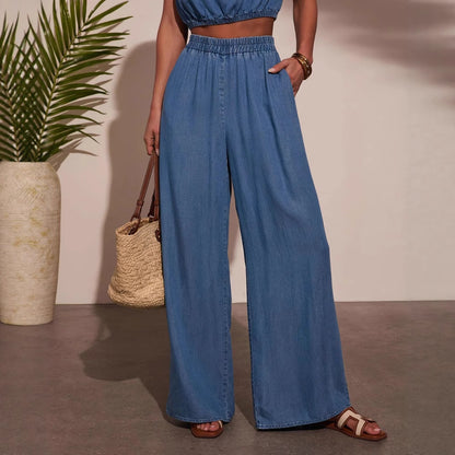 Women's Casual Personality Denim Tube Top Braided Rope Wide Leg Pants Set