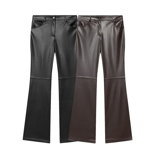 Cord-waist Micro-flared Pants For Leg-lengthening, Figure-hugging Casual Leather Pants