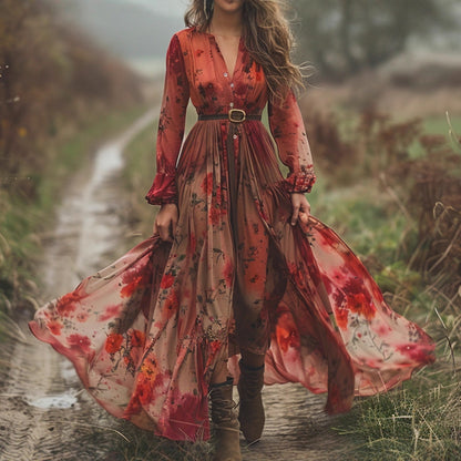 Women's Digital Print Wide V-neck Dress