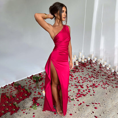 Women's One-Shoulder Satin Dress with Slit - Evening