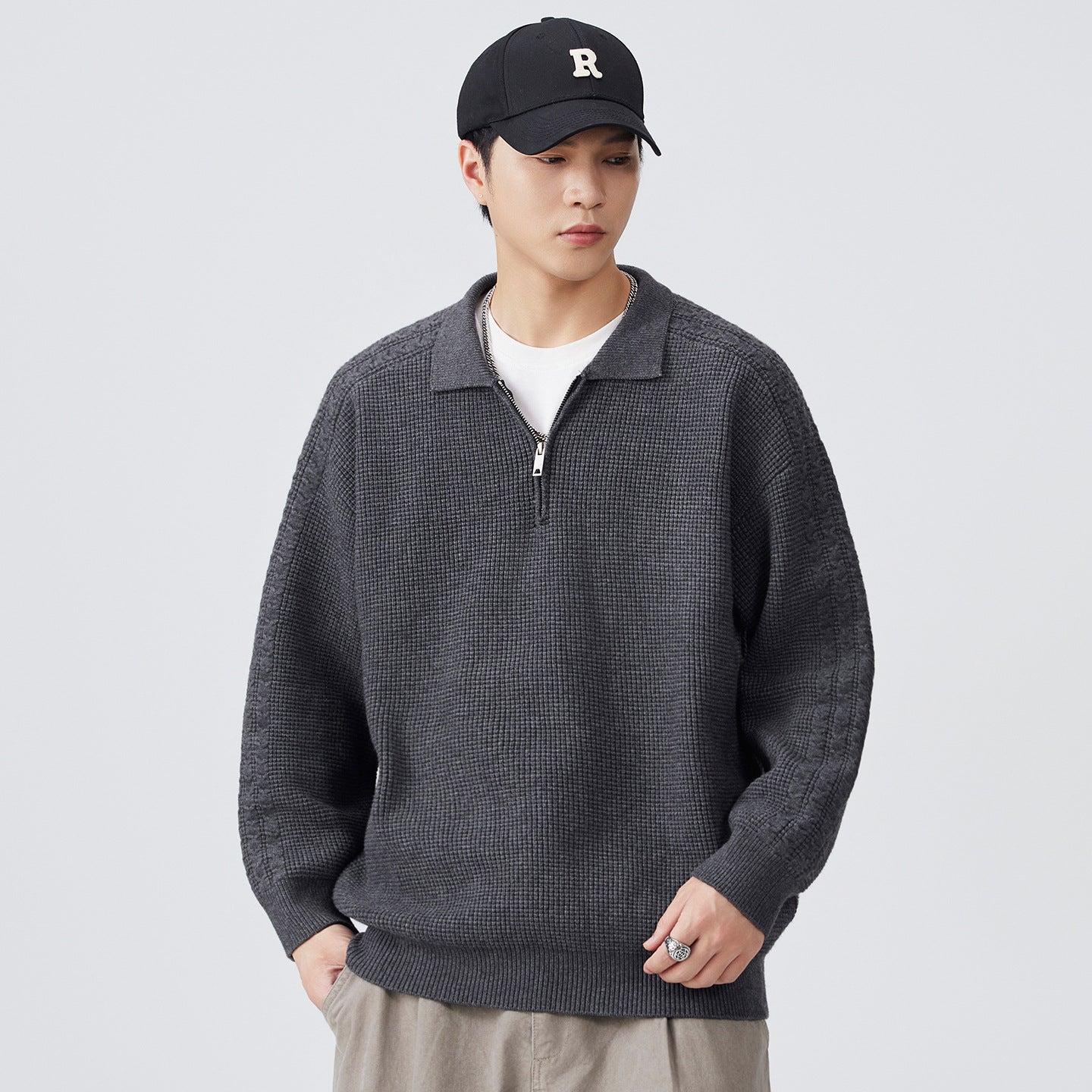 Half-collar High-end Lapel Men's Solid Color Versatile Sweater