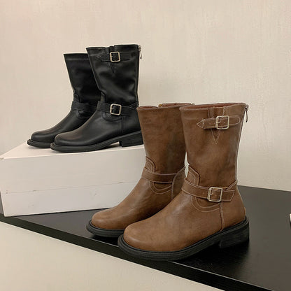 Women's Retro Western Cowboy Boots with Belt Buckle