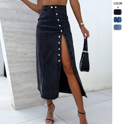 Women's Solid Color Button Irregular Slit Denim Skirt
