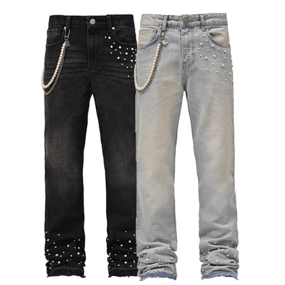 Men's Street Fashion Elastic Diamond Denim Straight-leg Pants