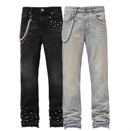 Men's Street Fashion Elastic Diamond Denim Straight-leg Pants