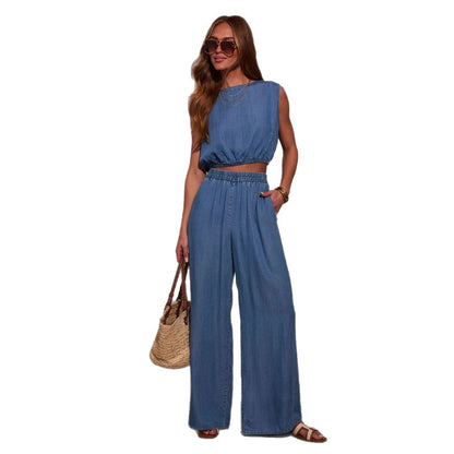 Women's Casual Personality Denim Tube Top Braided Rope Wide Leg Pants Set