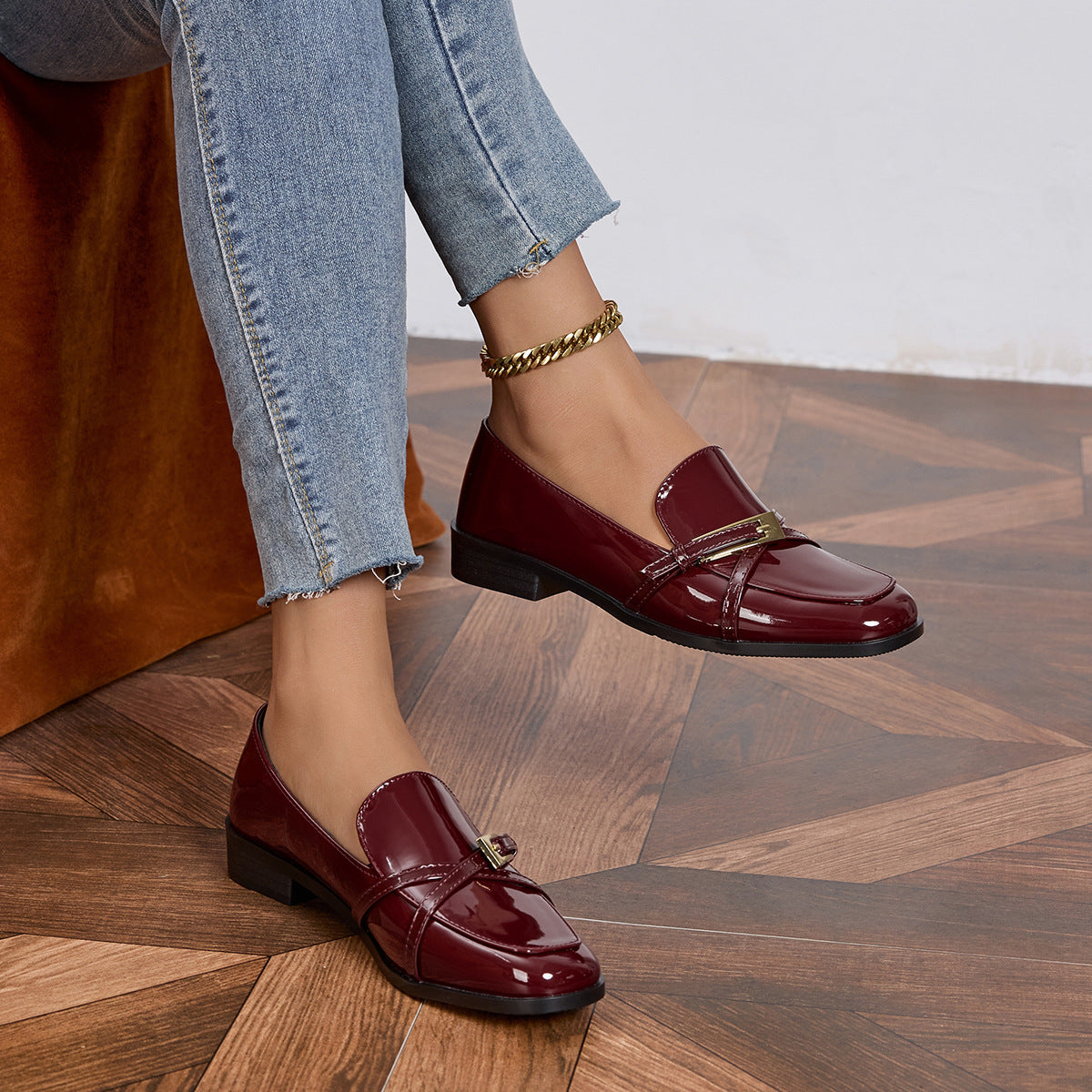 Casual All-Match Patent Leather Square Toe Leather Shoes