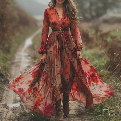 Women's Digital Print Wide V-neck Dress