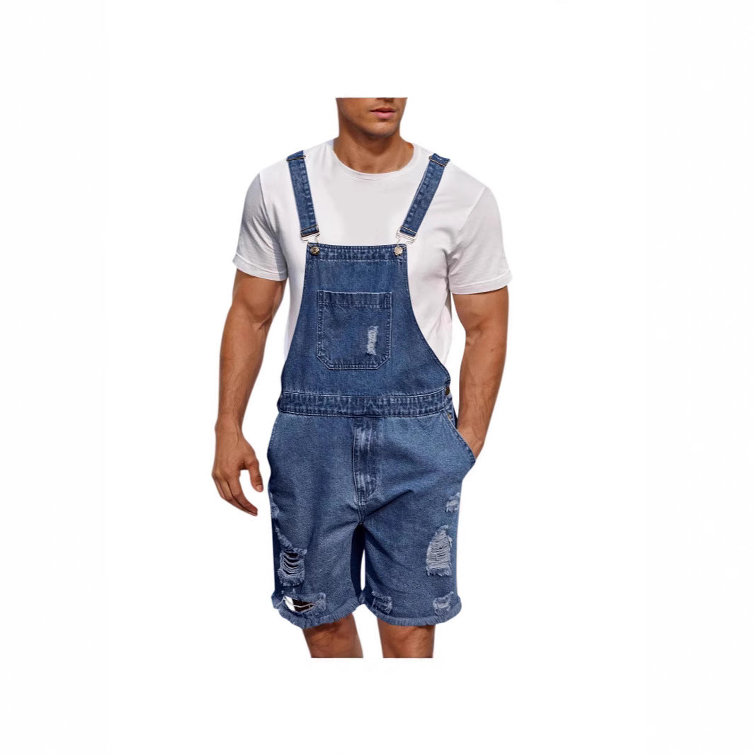 Ripped Leisure Men's Denim Suspender Shorts Jeans Men