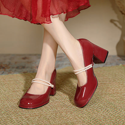 French Chunky Heel Fairy Style Pearls Strap Mary Jane Shoes