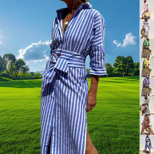 Women's Striped Shirt Dress with Belt - Half Sleeve
