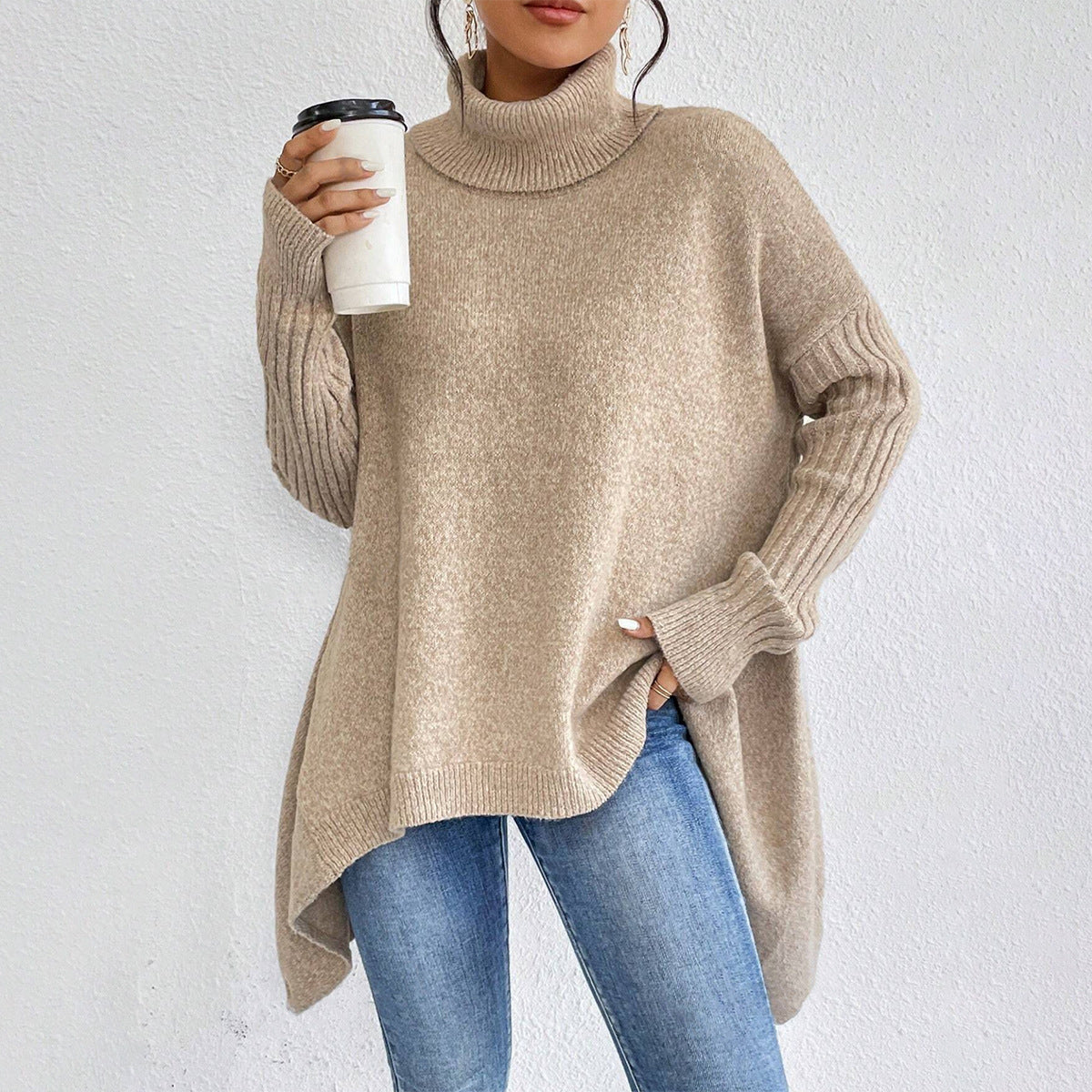 Women's Irregular Turtleneck Sweater - Loose Fit