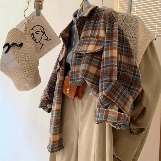 American Retro Color-blocked Brushed Flannel Shirt