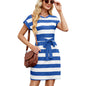 Women's Striped Round-neck Loose Short-sleeved Casual Belted Dress