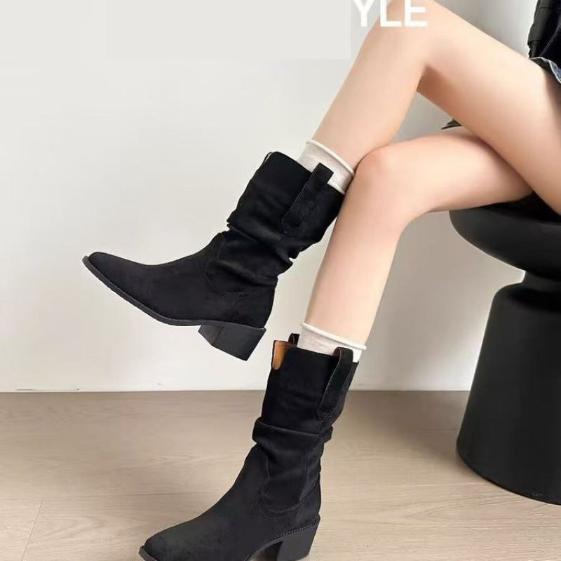 Women's Western Pleated Ankle Boots - Autumn Style