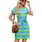 Women's Striped Round-neck Loose Short-sleeved Casual Belted Dress