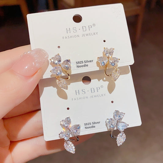 Female Personality Fashion Zircon Three Leaf Flower Earnail