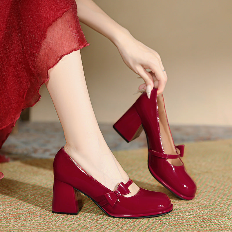 Chunky Heel Round Toe Wedding Temperament Red Mary Jane Shoes