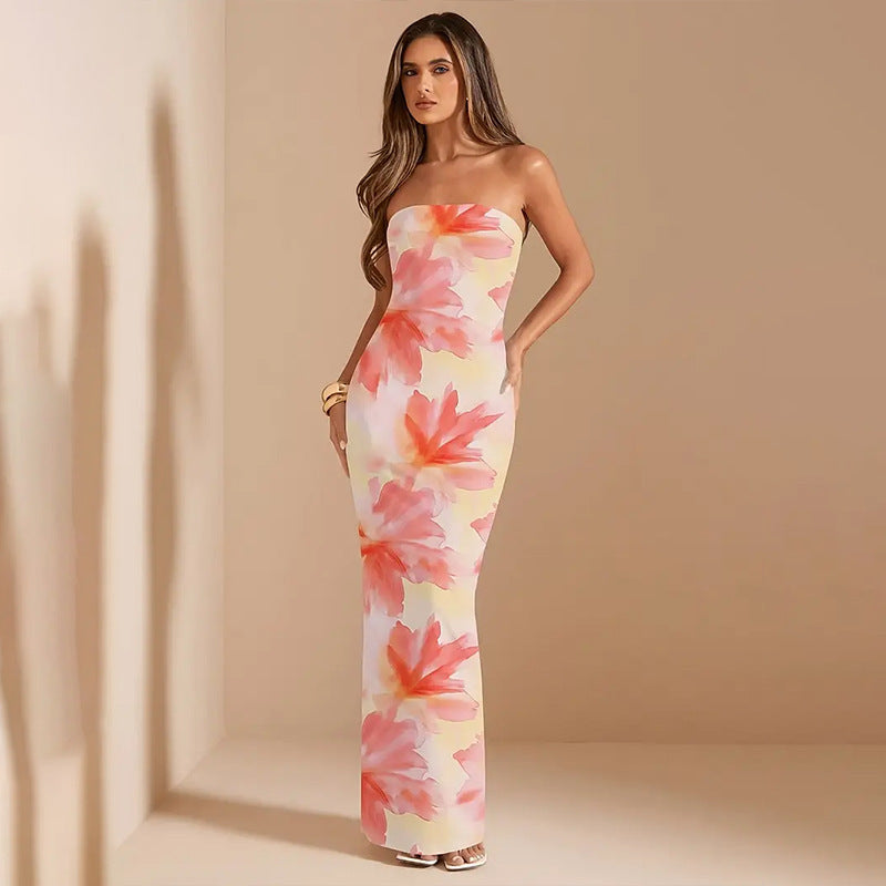 Lady's Sexy Strapless Slim-fit Printed Maxi Dress
