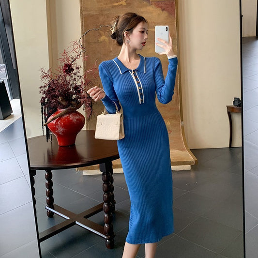 Slimming And Figure-flattering Contrast Color Knitted Bodycon Dress