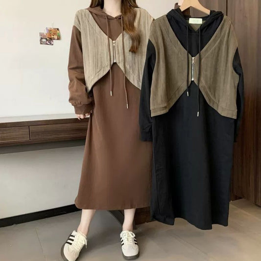 Ladies' Fashion Hooded Fake Two-piece Long Sleeve Dress