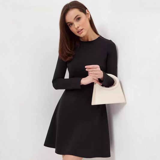 Solid Color Casual Office Round Neck Waist Long Sleeve Knitted Dress