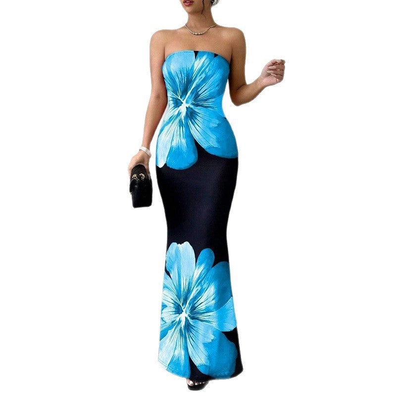 Lady's Sexy Strapless Slim-fit Printed Maxi Dress