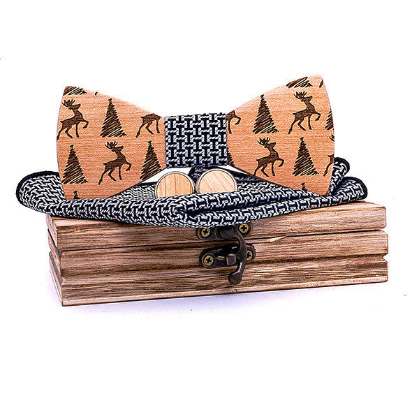 Christmas gift elk design wooden bow tie