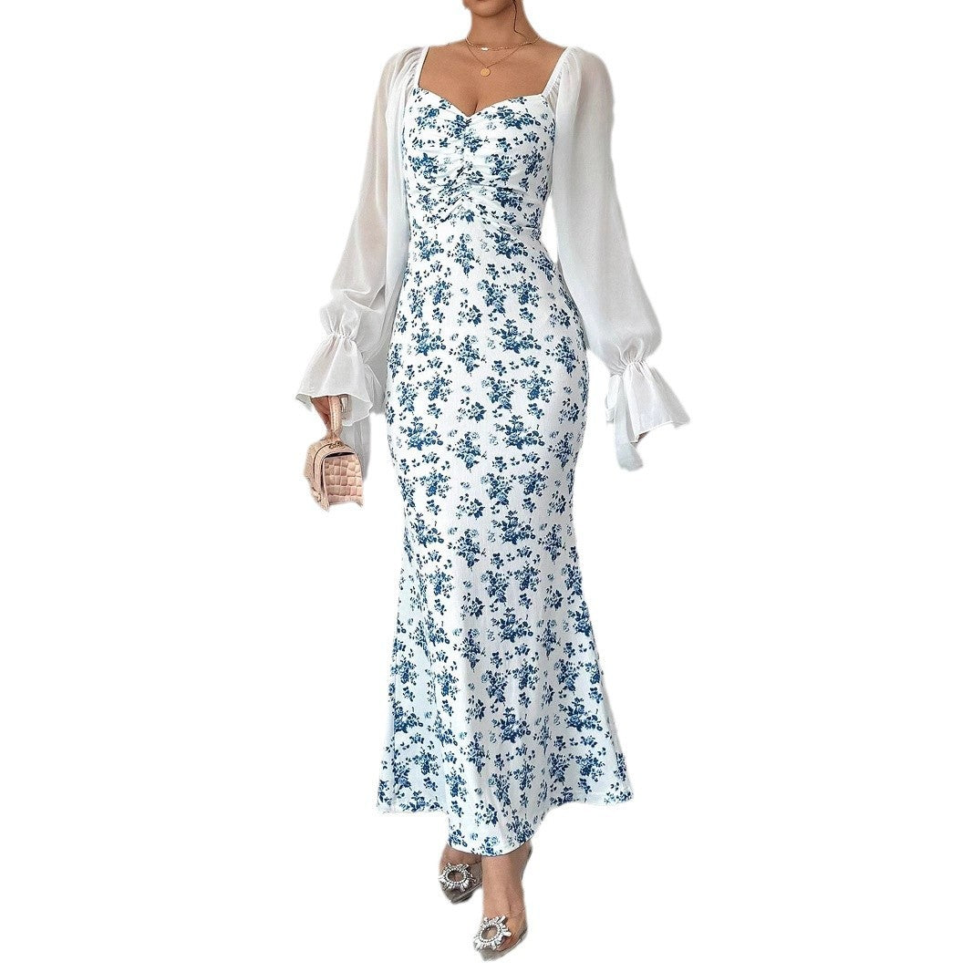 Long Sleeve V-neck Chiffon Spliced Knit Print Bodycon Dress