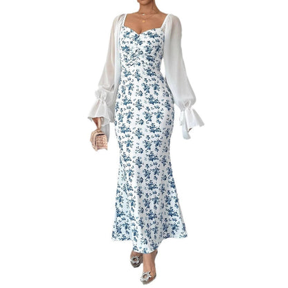 Long Sleeve V-neck Chiffon Spliced Knit Print Bodycon Dress