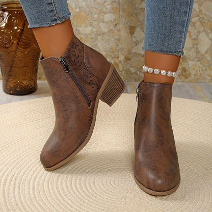 Hollow-out Pointed Toe Low-cut Square Heel Women's Boots