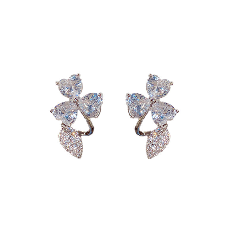 Female Personality Fashion Zircon Three Leaf Flower Earnail