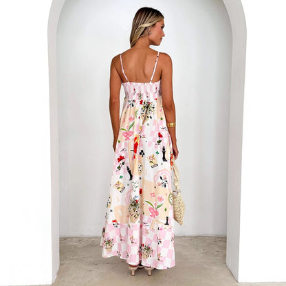 Women's Fashion Printed Backless Sling Large Swing High Waist Dress