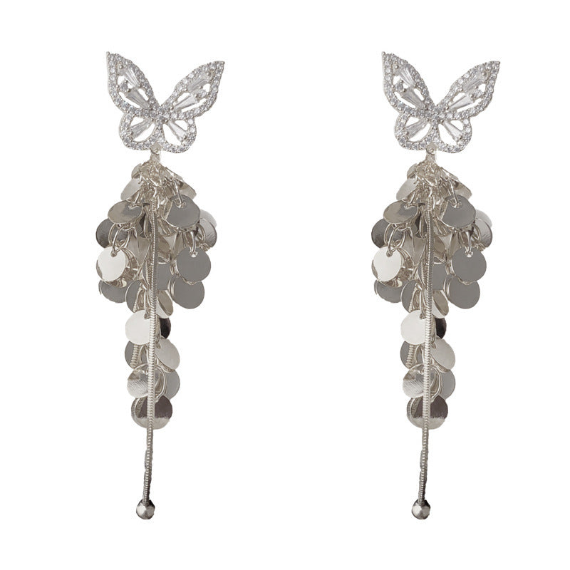 Female High-end Zircon Butterfly Disc Tassel Earrings