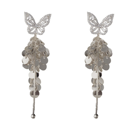 Female High-end Zircon Butterfly Disc Tassel Earrings
