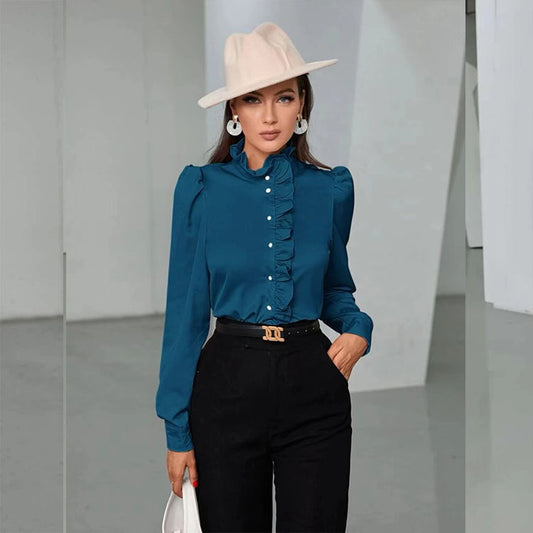 Women's Solid Color Simple Long-sleeved Ruffle Straight Shirt