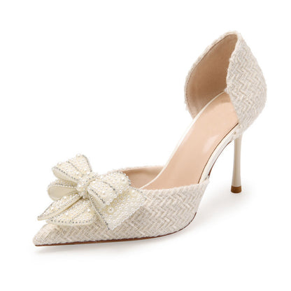 Breathable Side Empty Bow Niche With Skirt Rhinestone Hollow Pumps