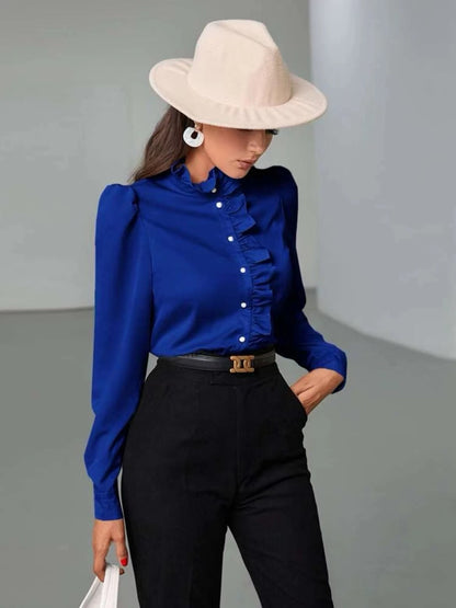 Women's Solid Color Simple Long-sleeved Ruffle Straight Shirt