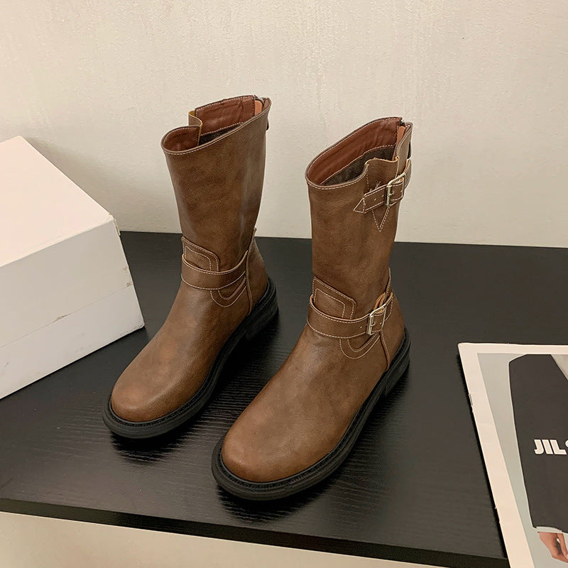 Women's Retro Western Cowboy Boots with Belt Buckle