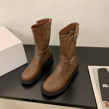 Women's Retro Western Cowboy Boots with Belt Buckle