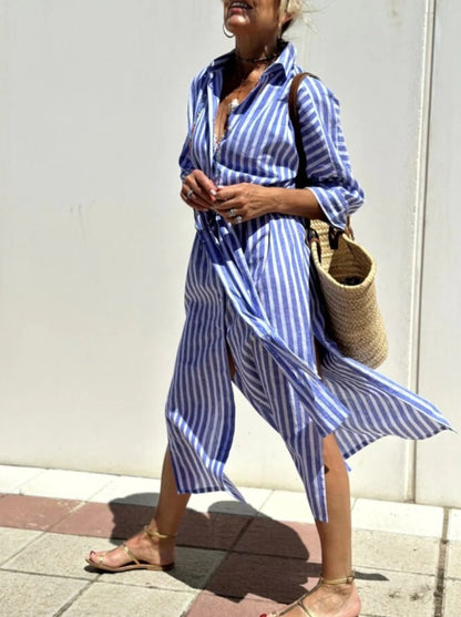 Women's Striped Shirt Dress with Belt - Half Sleeve