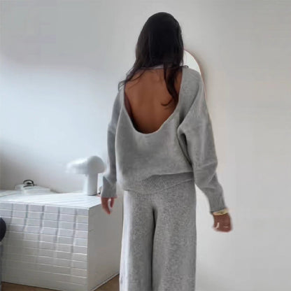 Round-neck Backless Knit Sweater Long Sleeve Pants Set For Women