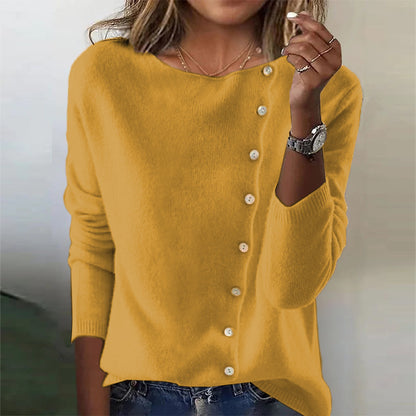 Round Neck Long Sleeve Button Sweater New Women