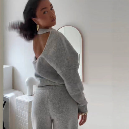 Round-neck Backless Knit Sweater Long Sleeve Pants Set For Women