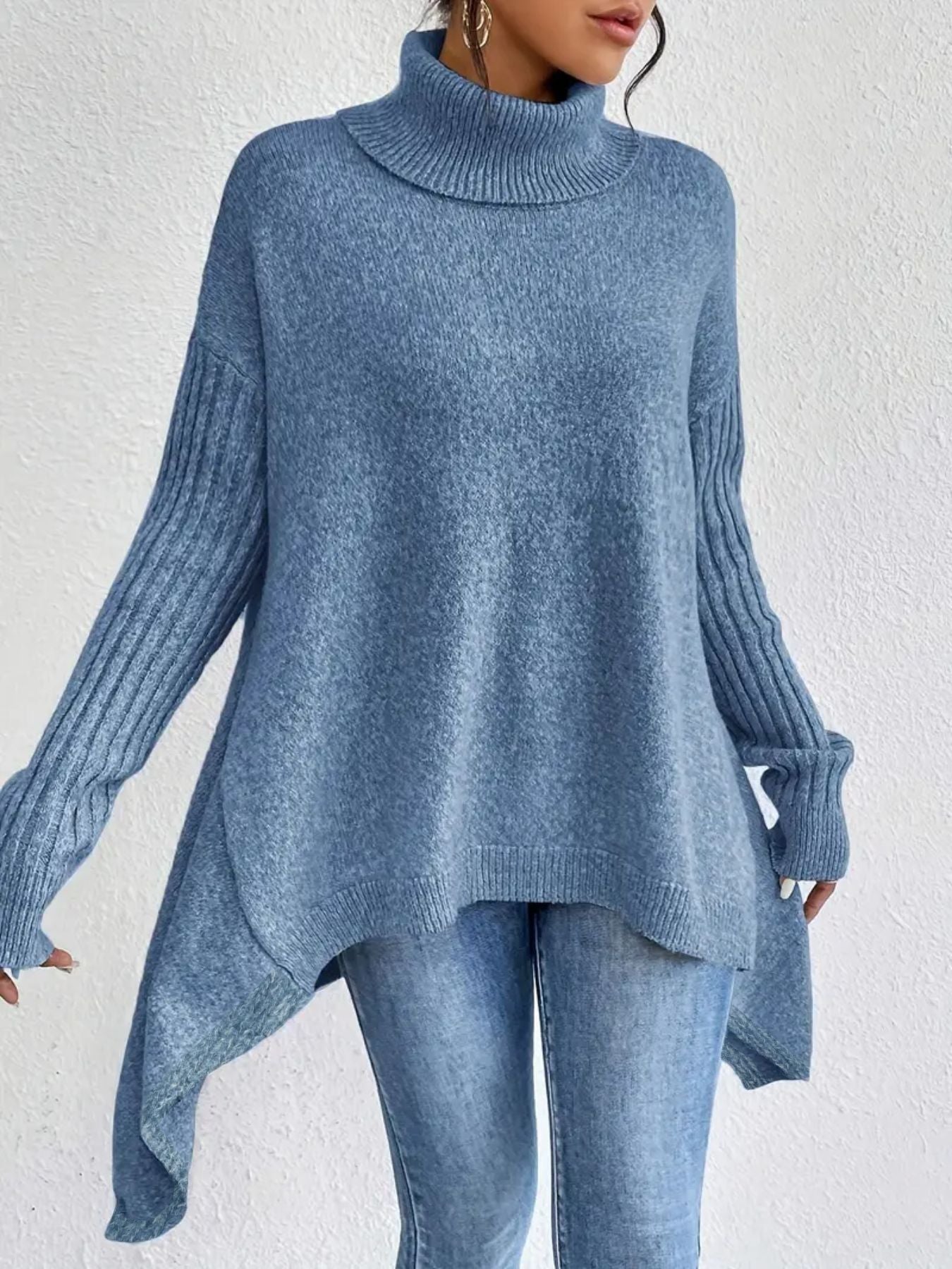 Women's Irregular Turtleneck Sweater - Loose Fit