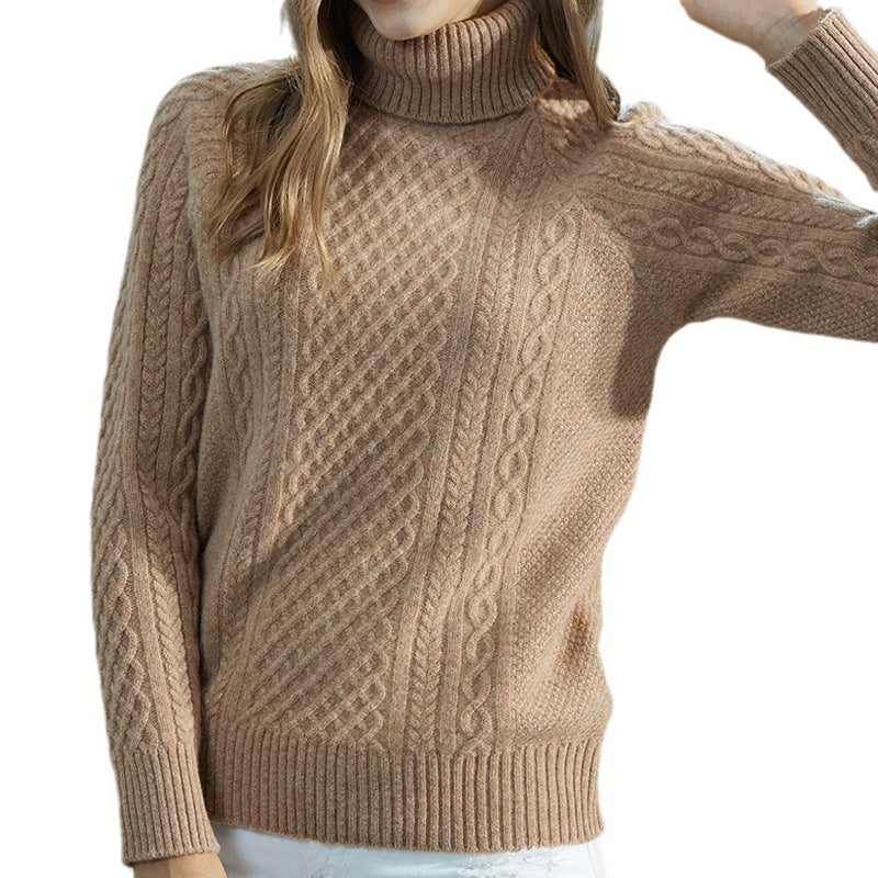 Women's High-neck Cable Knit Wool Sweater