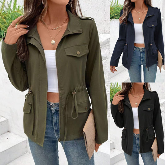 Solid Color Long Sleeve Casual Drawstring Waist Jacket Women