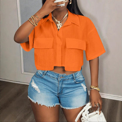 Women's Casual Fashion Pocket Short-sleeved Solid Color T-shirt