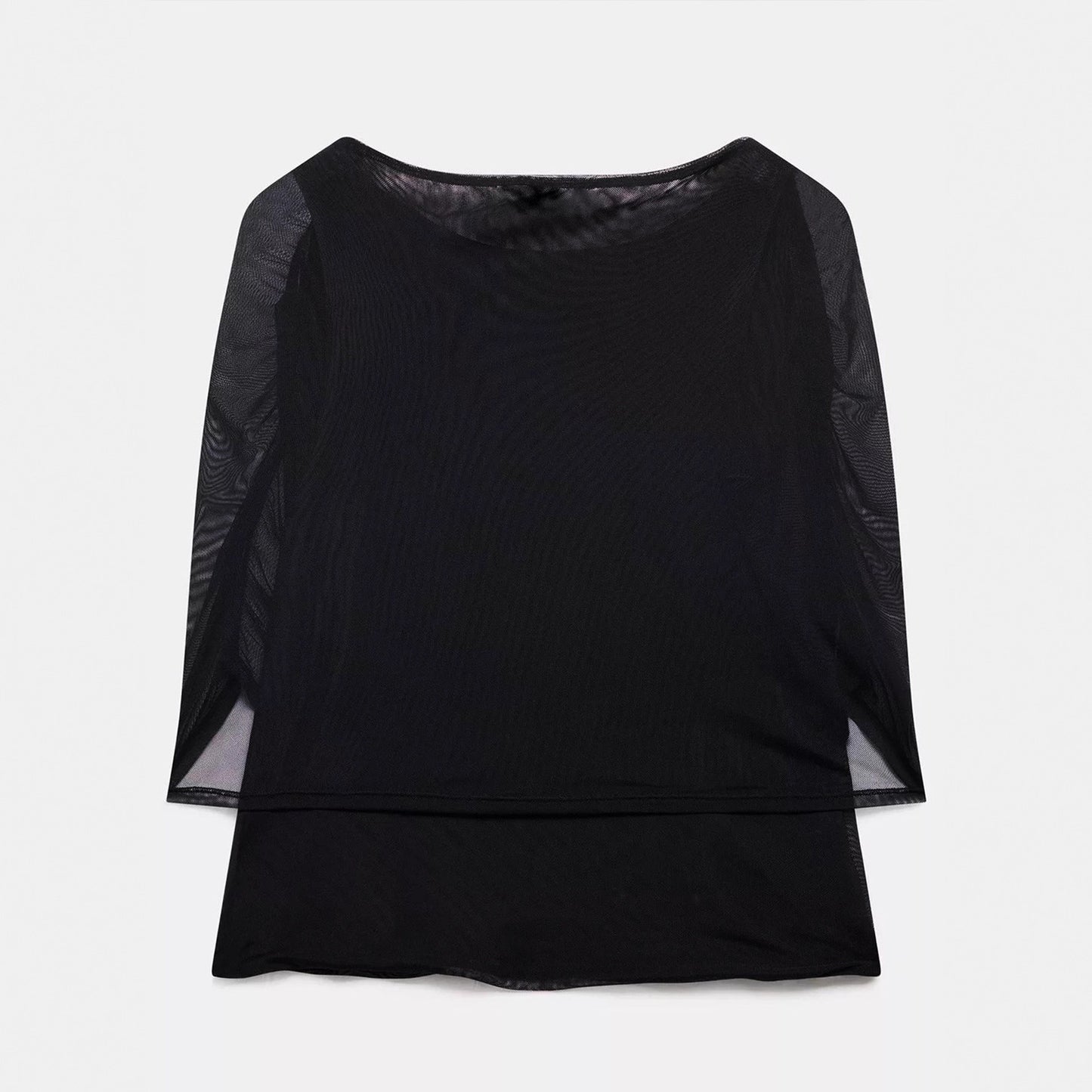 Solid Color Fashion Spliced Mesh Collar Slim And Versatile Commuter Top
